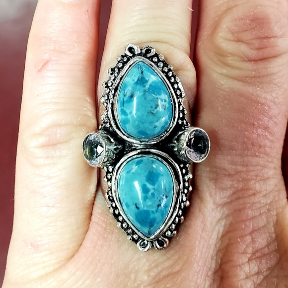 New Huge Mosaic Jasper & Iolite 925 Silver Statement Ring. - Picture 7 of 12